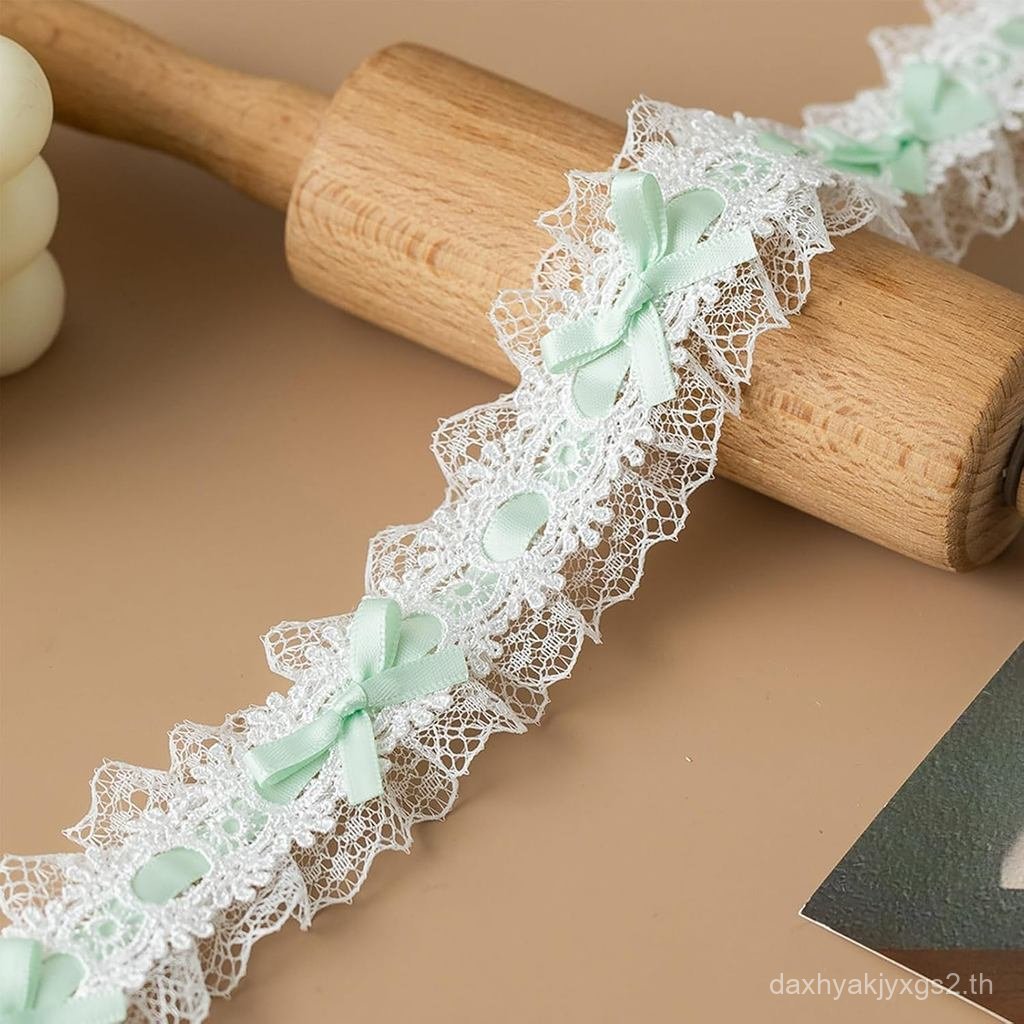 3Yards4cmWideLaceTrimwithPinkBows,BowknotRibbonRuffleปักลูกไม้สําหรับเย็บ,DIYCrafts,Wedding(LightGre