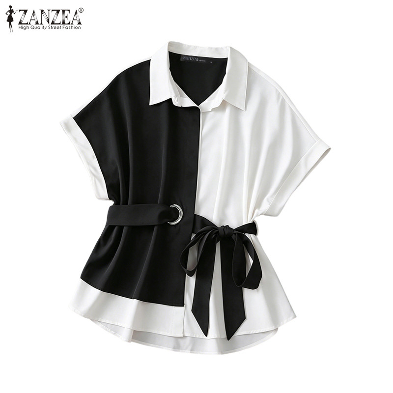 ZANZEA เสื้อเชิ้ตเย็บสีลําลองเกาหลีของผู้หญิง H-Line คอปกหยักเสื้อเย็บปะติดปะต่อกันคอกลมด้านหน้า