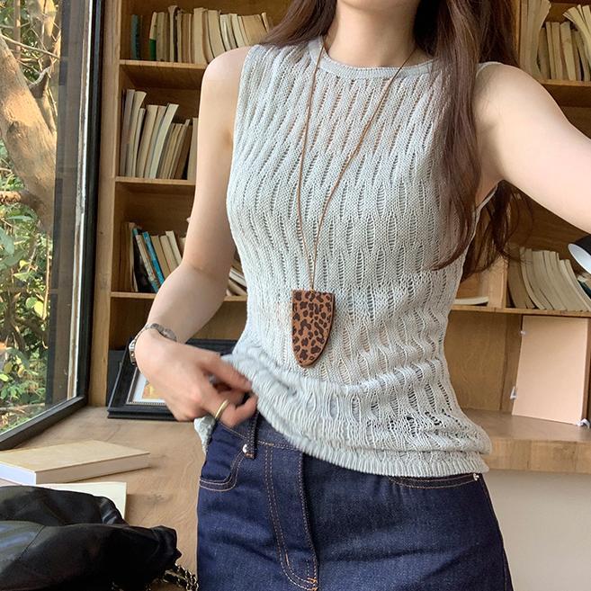 2025 ใหม่ Cross-Border ฤดูร้อน Hollow-Out เสื้อกั๊กถักคอกลมโปร่งใสกึ่งโปร่งใสสําหรับผู้หญิง wi