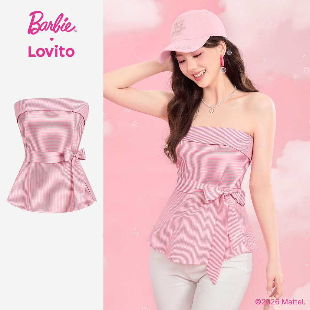 Barbie™ X Lovito สง่างาม เสื้อเบลาส์ลําลองผู้หญิง สีชมพู ลายทาง ผูกด้านหน้า สําหรับฤดูใบไม้ผลิ/ฤดูร้อน เกาหลี อินเทรนด์ TKBL4PAD006