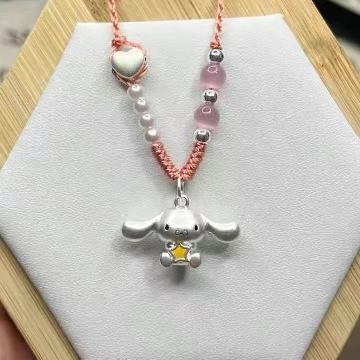 Ear ch Silver999Pure silver large dog pendant necklace, hand-woven, with jade and cinnamon honey sil