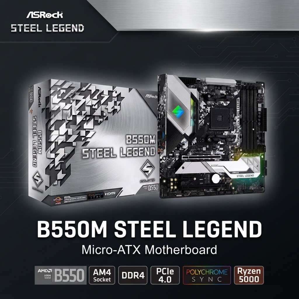 ASRock B550M Steel Legend Micro-ATX Motherboard AMD Ryzen 5000 AM4 PCIe 4.0 B550 Chipset