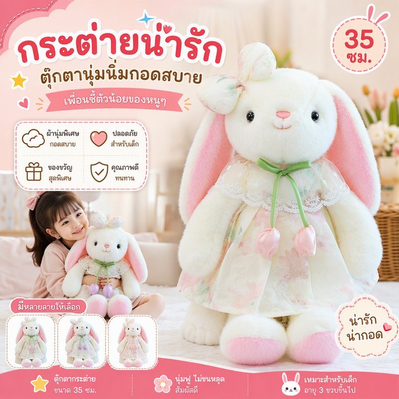 ตุ๊กตากระต่ายหูตก ตุ๊กตาผ้าฟู สีขาวชมพู กระโปรงดอกไม้ คอปกลูกไม้ โบว์เขียว จี้ทิวลิป 35