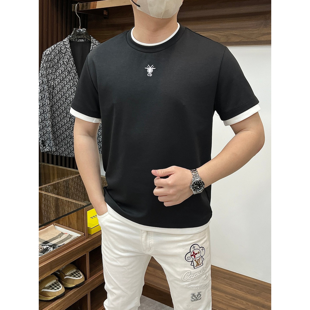 DIOR/DIOR/2026 คลาสสิกรอบคอแขนสั้นเสื้อยืดผู้ชายผู้หญิงหรูหรา Contrast สี Bottoming เสื้อฤดูใบไม้ผลิ
