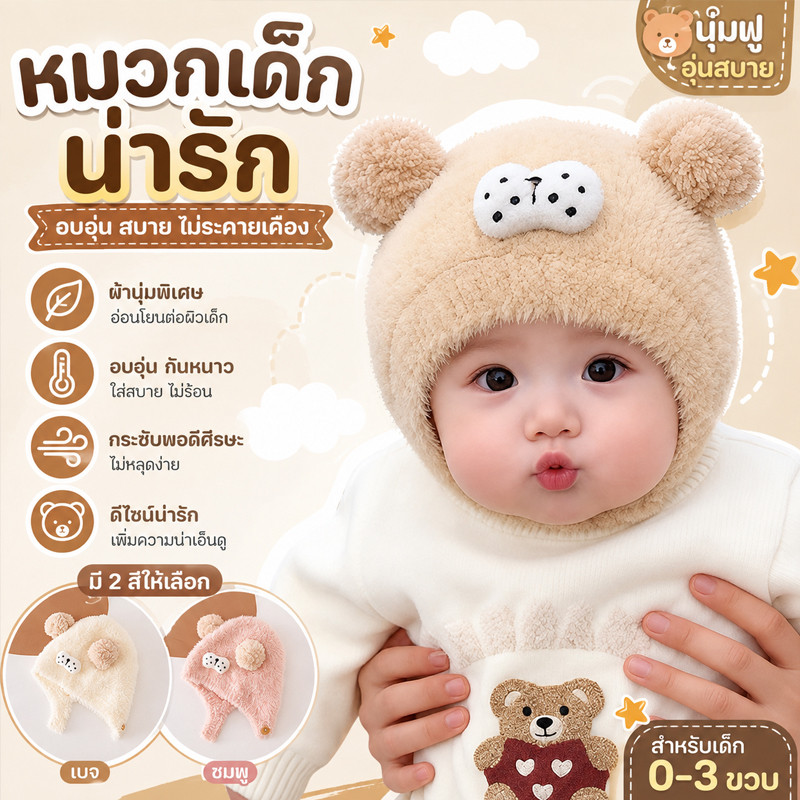 พร้อมส่ง หมวกบีนนี่ หมวกเด็กน่ารัก หนานุ่ม อบอุ่น ป้องกันลมหนาว ใช้ได้ทั้งเด็กผู้ชายและเด็กผู้หญิง