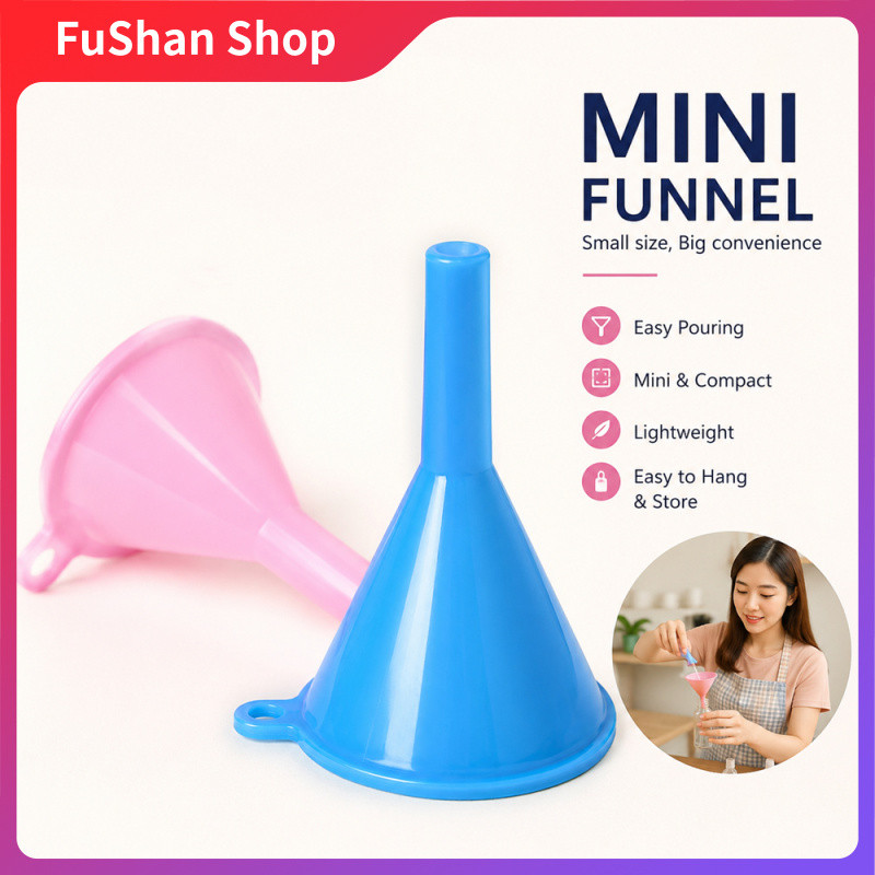 【FuShan】ที่กรอกของเหลวขนาดเล็กพลาสติก มีรูแขวน พกพาง่าย สำหรับเติมน้ำมัน น้ำหอม ในครัว สีน้ำเงิน สีชมพู Mini Plastic Funnel Portable Liquid Transfer Funnel