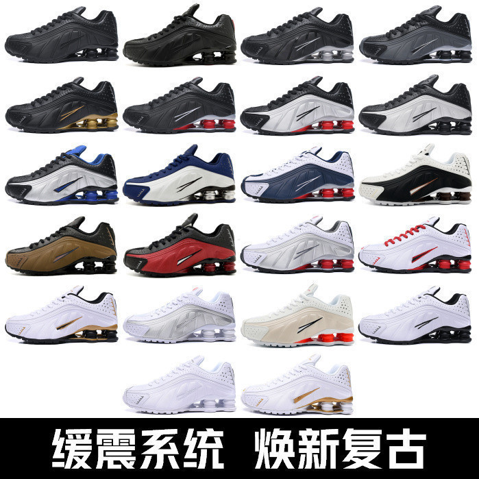 รองเท้า Shox R4 Air Pillar Retro Performance Cushioning รองเท้ากีฬาผู้ชายผู้หญิง Ruing รองเท้าความสู