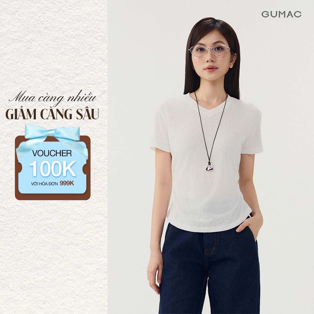 GUMC เสื้อยืดผู้หญิงตรงรูปแบบ V คอสั้นแขนสั้นเอวอ่อนเยาว์กระดาษผ้าฝ้ายบาง ATG07025