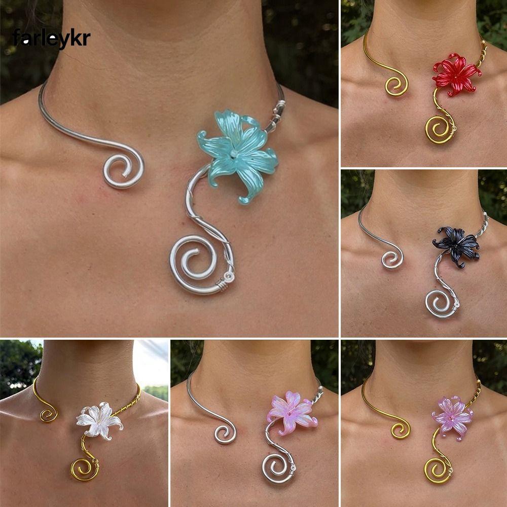 Frl ม่านตา สร้อยคอดอกไม้ลายดอกไม้ที่มีสีสันคอสร้อยคอเกลียวปรับความยาวได้ผู้หญิงสร้อยคอ