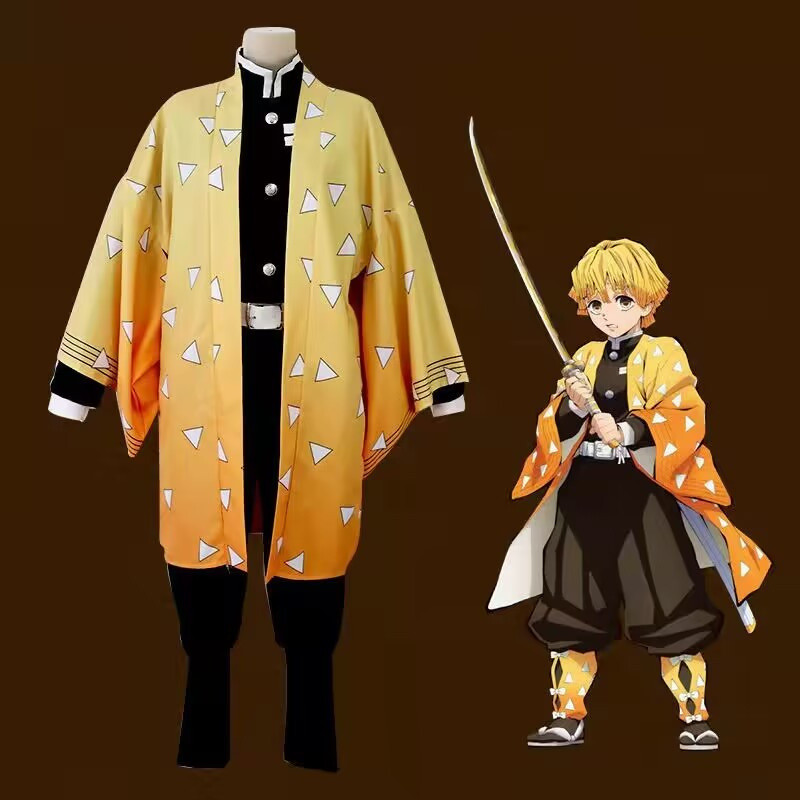 Anime Demon Slayer คอสเพลย์เครื่องแต่งกาย Agatsuma Zenitsu Kimetsu ไม่มี Yaiba ผู้ชายชุดกิโมโนสีเหลื
