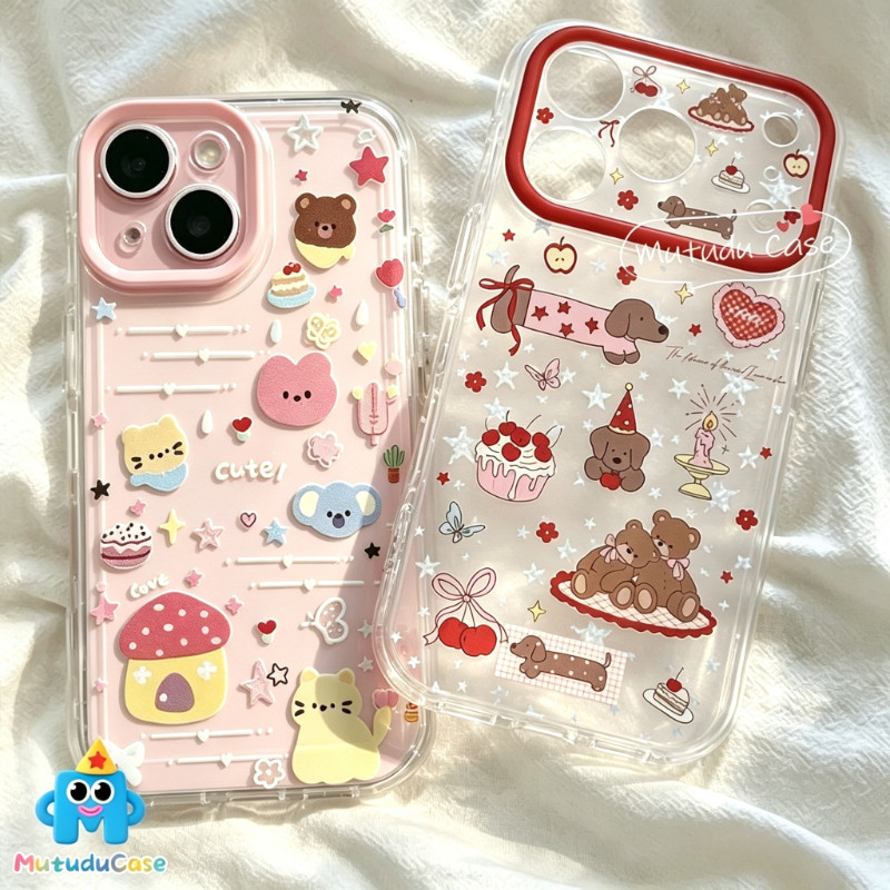 สำหรับIPhone 13 18 11 17 16 15 Air 12 14 Pro Max XR 14 7 16  Plus เคสTPUใส นุ่ม ยืดหยุ่น กันรอย ลายหมี หมา ดาว ตกแต่งสวย