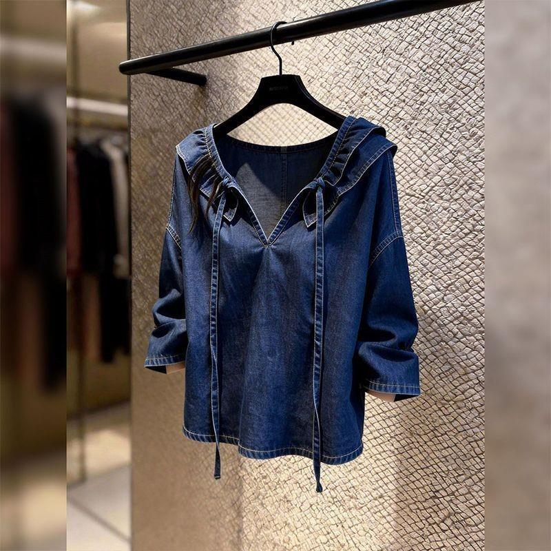 ไขมัน MMV เสื้อคอปกที่ไม่ซ้ํากัน Denim เสื้อผู้หญิงฤดูร้อน Plus ขนาด 150 กก. High-End หลวม Slimmer ด