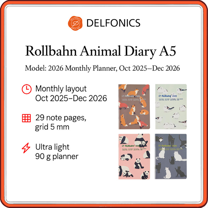Delfonics Rollbahn Animal Diary A5 2026 Monthly Planner (Oct 2025–Dec 2026) | Lightweight 90 g Noteb