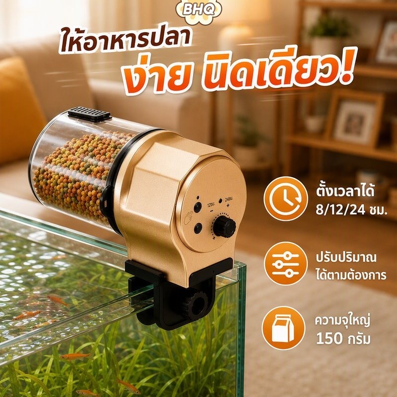 BHQ เครื่องป้อนปลาอัตโนมัติ Timer 8 12 พอร์ตปรับได้ 24 ชั่วโมง 150g ความจุ AA Battery Clamp