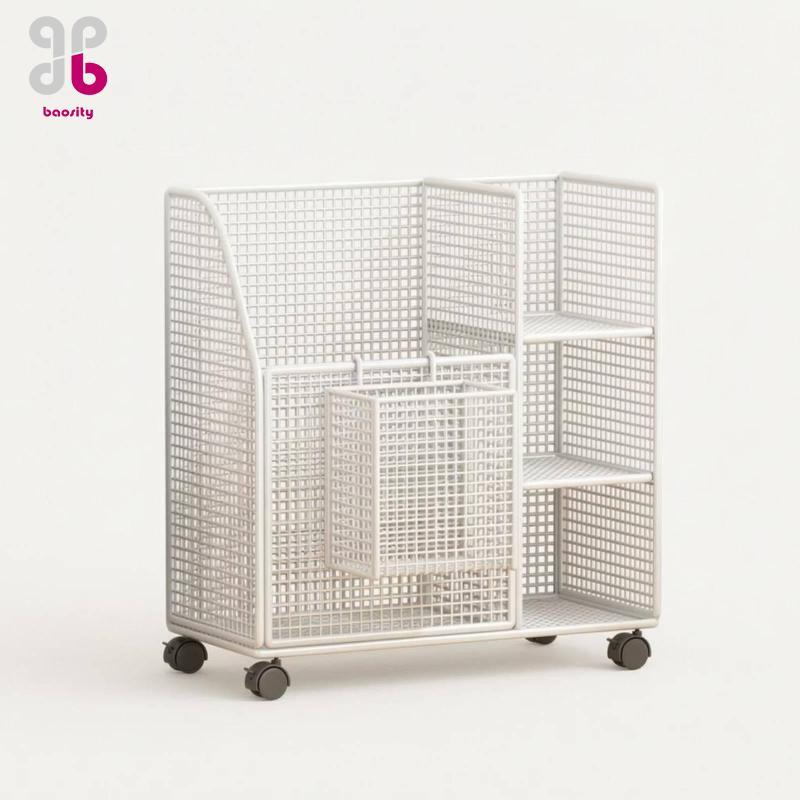 Baosity Fitness Gear Cart Iron Mesh Storage Organizer Mat Rack Wht W ล้อและ