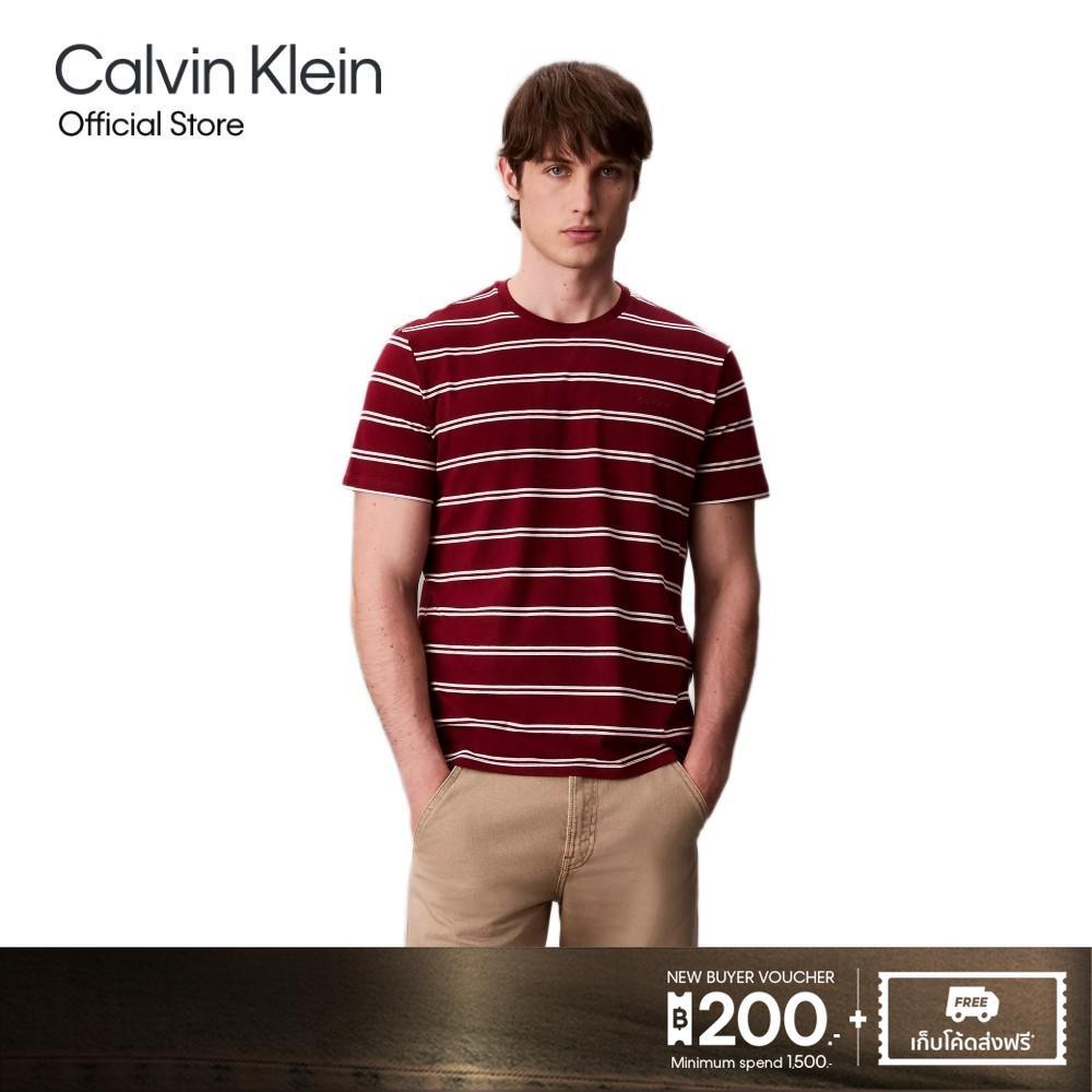 CALVIN KLEIN เสื้อยืดคอกลมแขนสั้นผู้ชาย Liquid Touch Stripe ทรง Regular รุ่น 4LC227G WCV-สีแดง