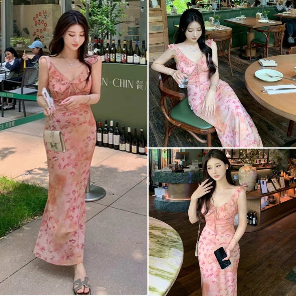 Bella shop เดรสสายเดี่ยว ชุดเดรสลายดอกไม้ คอวี ดีไซน์เก๋ไก้และเซ็กซี่ สไตล์เกาหลี ทรงเข้ารูป