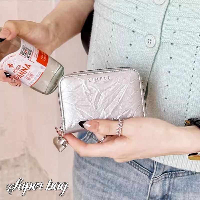 【พร้อมส่ง】Super bag แถมจี้รูปหัวใจ! ที่ใส่บัตร PU สำหรับผู้หญิง ดีไซน์แบบมีรอยร้าว เรียบง่ายและหรูหรา สีสันสดใส ดีไซน์ใส