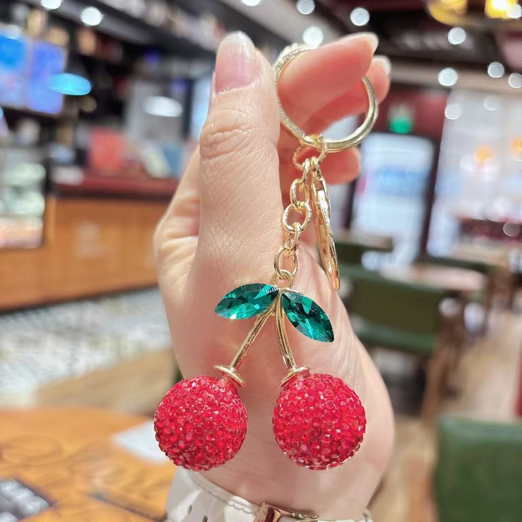 สร้างสรรค์เพชรเต็มขนาดเล็กใบสีเขียวพวงกุญแจเชอร์รี่/แฟชั่นเพชรเชอร์รี่จี้คู่ของขวัญเล็กๆ - รูปที่ 6