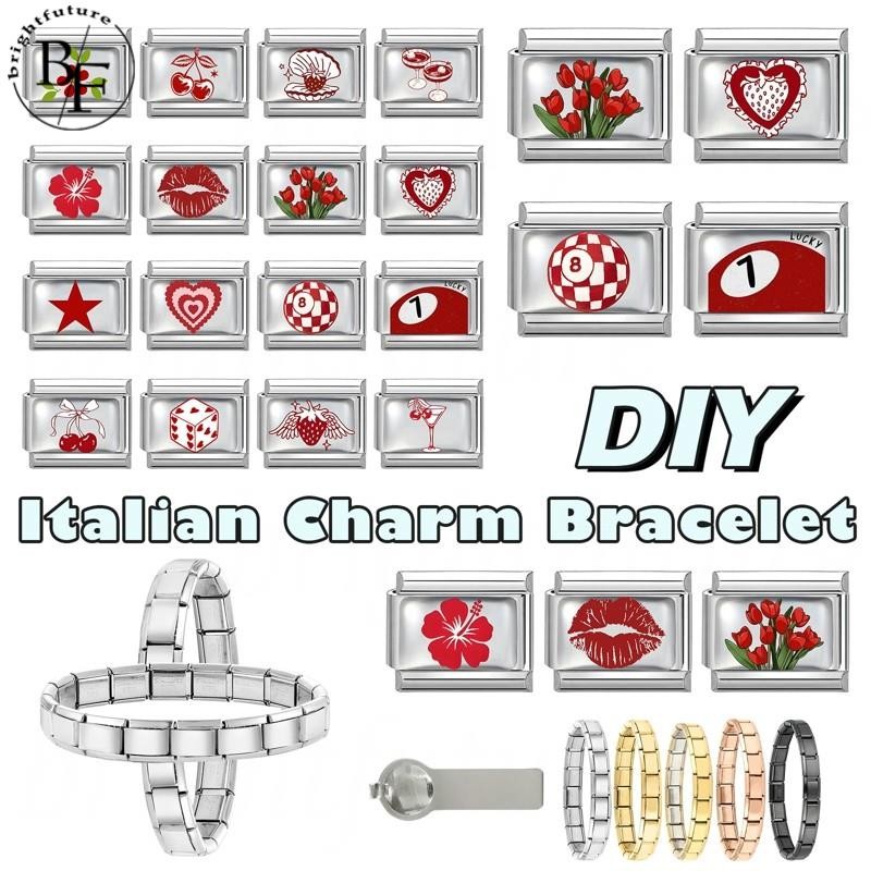 สร้อยข้อมือ charm สตรอเบอร์รี่สีแดง สแตนเลส ขนาด 9 มม. เหมาะสำหรับทำเครื่องประดับ DIY และสไตล์ retro