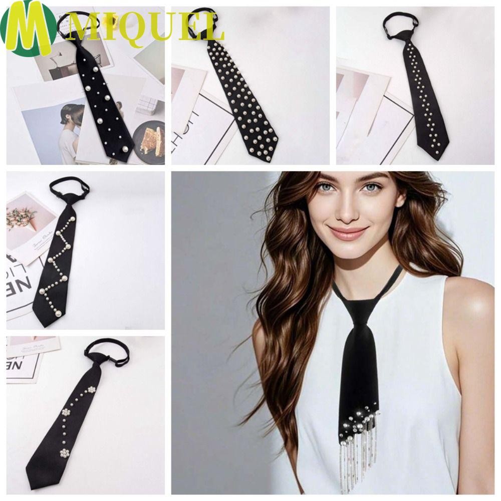MIQUEL Pearl Necktie สไตล์เกาหลีสีดำ มีการปักมุกด้วยมือ ยาวเนคไท สร้อยคอมินิมอลสำหรับเสริมสไตล์เสื้อผ้าของคุณ
