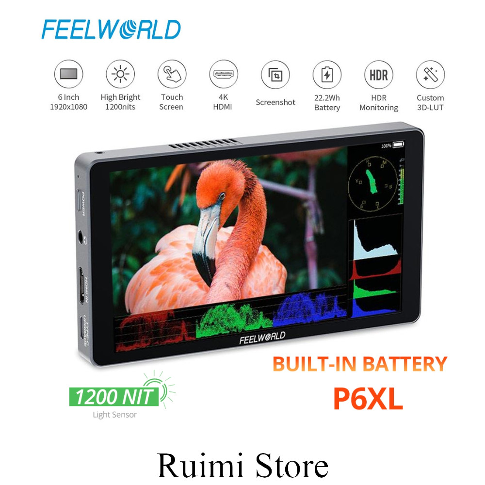 FEELWORLD P6XL 1200nit แบตเตอรี่อลูมิเนียม 6 นิ้วในตัวจอภาพสนาม DSLR 4K หน้าจอสัมผัส HDMI ความสว่างส
