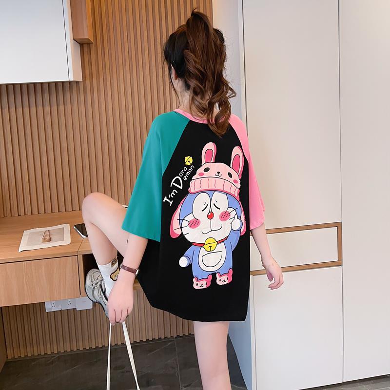 2024 รอบคอแขนสั้นด้านบนเกาหลีรุ่นหลวม Contrast สีกลางความยาวขนาดใหญ่ All-Match Casual เสื้อยืด 10.19