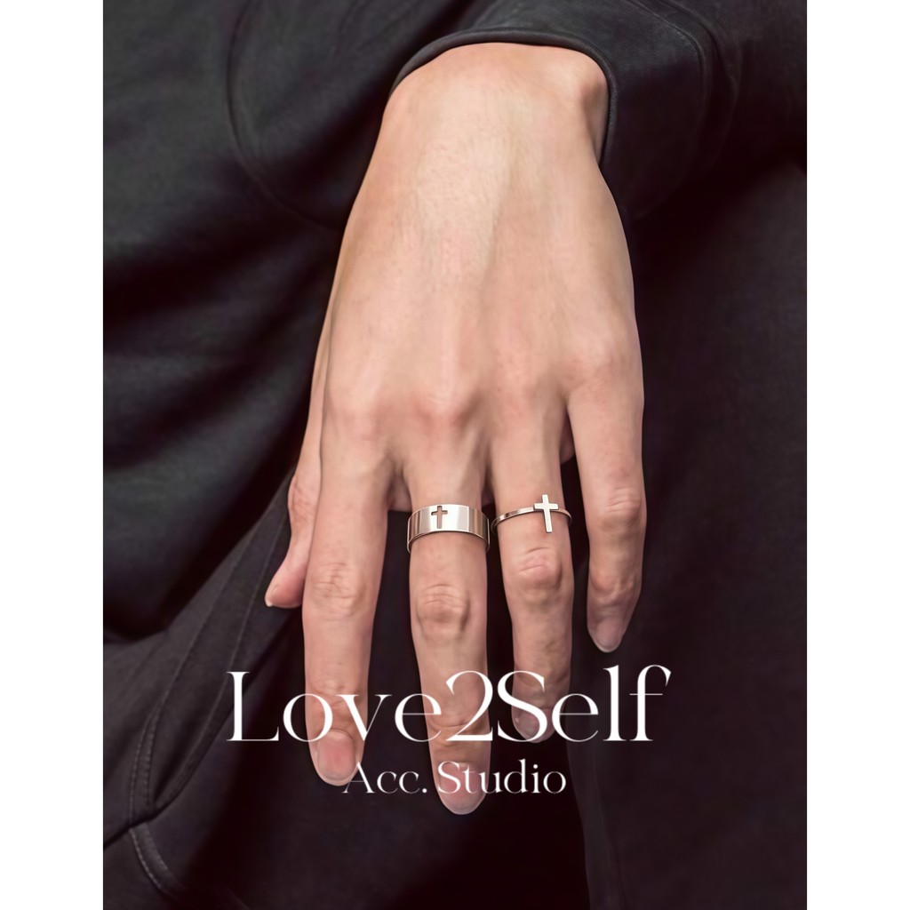 Love2Self J040 สแตนเลสสตีลผู้ชายแหวนชุด 2 ชิ้น Cross ปรับแหวนสําหรับผู้ชายและผู้หญิง Non Tarnish