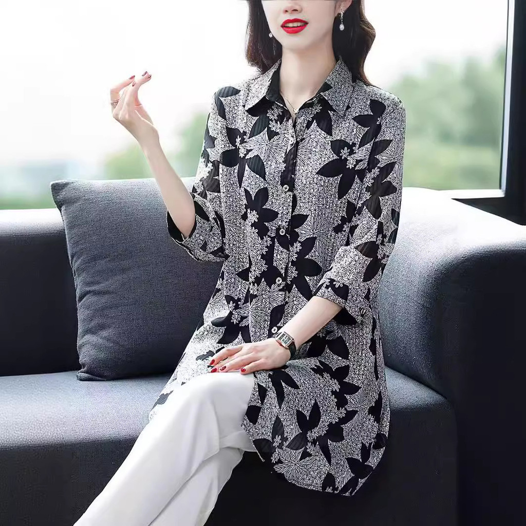 เสื้อผู้หญิงกลางความยาว 2024 ฤดูใบไม้ผลิพลัสขนาดผู้หญิงแฟชั่นปก ท้อง เสื้อชีฟองวัยกลางคนผู้สูงอายุท็อปส์ 10.21 เขา