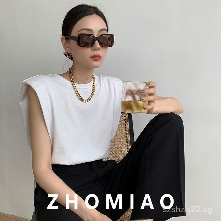 ผู้หญิงฤดูร้อนหลวมบางเสื้อกล้ามผ้าฝ้ายเสื้อกั๊กแขนกุดรอบคอ Cami ไหล่ Pads เสื้อยืด JGQ5 dfg SDHF