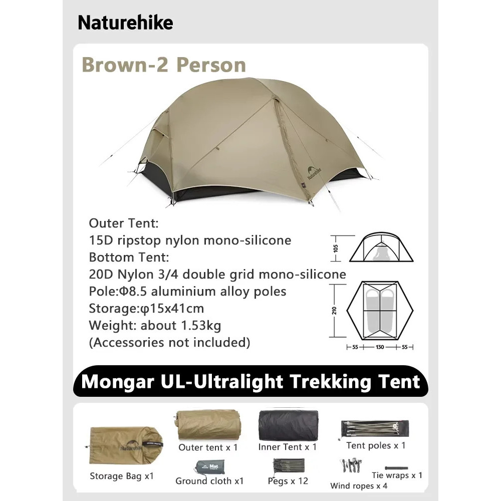 เต็นท์ Mongar 2 UL Naturehike - Ultralight กันน้ํา สำหรับคนเดียวหรือสองคน เหมาะสำหรับการเดินป่าและแค
