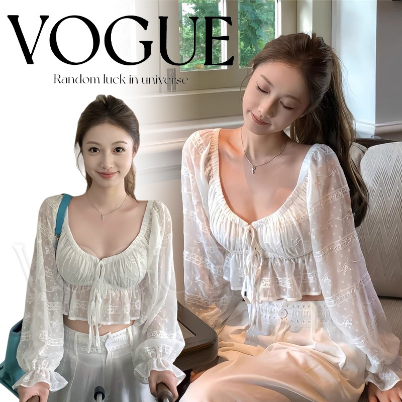 Vogue🌟พร้อมส่ง🌟 เสื้อครอปแขนสั้น สีขาว สไตล์มินิมอลสาวเวียดนาน (FY1164)