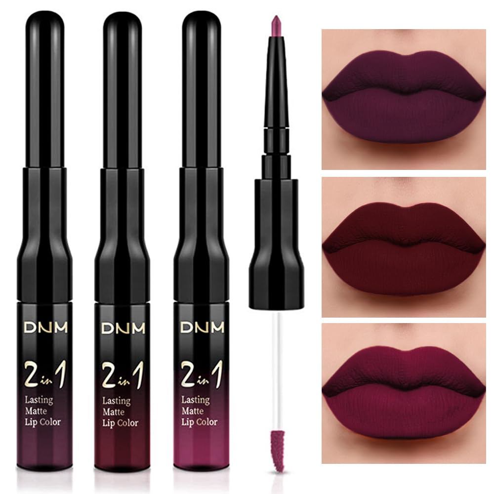 Evpct 3 ชิ้น Dark Red Purple Plum Matte Liquid ลิปสติกและ Lip Liner ชุดสําหรับผู้หญิง Matte Burgundy