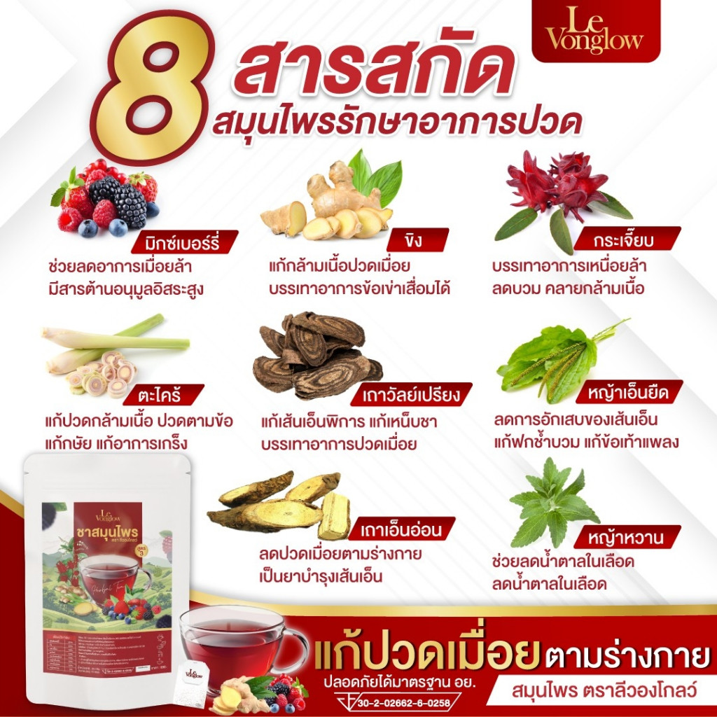 ชาสมุนไพร สูตร 3 ตรา ลีวองโกลว์ ชาสมุนไพรแก้อาการชามือ ชาเท้า ของแท้ 100% พังผืดรัดข้อมือ