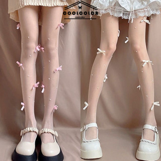 ในไทย💖ถุงน่องโบว์ ประดับมุก Insสไตล์เกาหลี หวานน่ารัก ระบายอ…