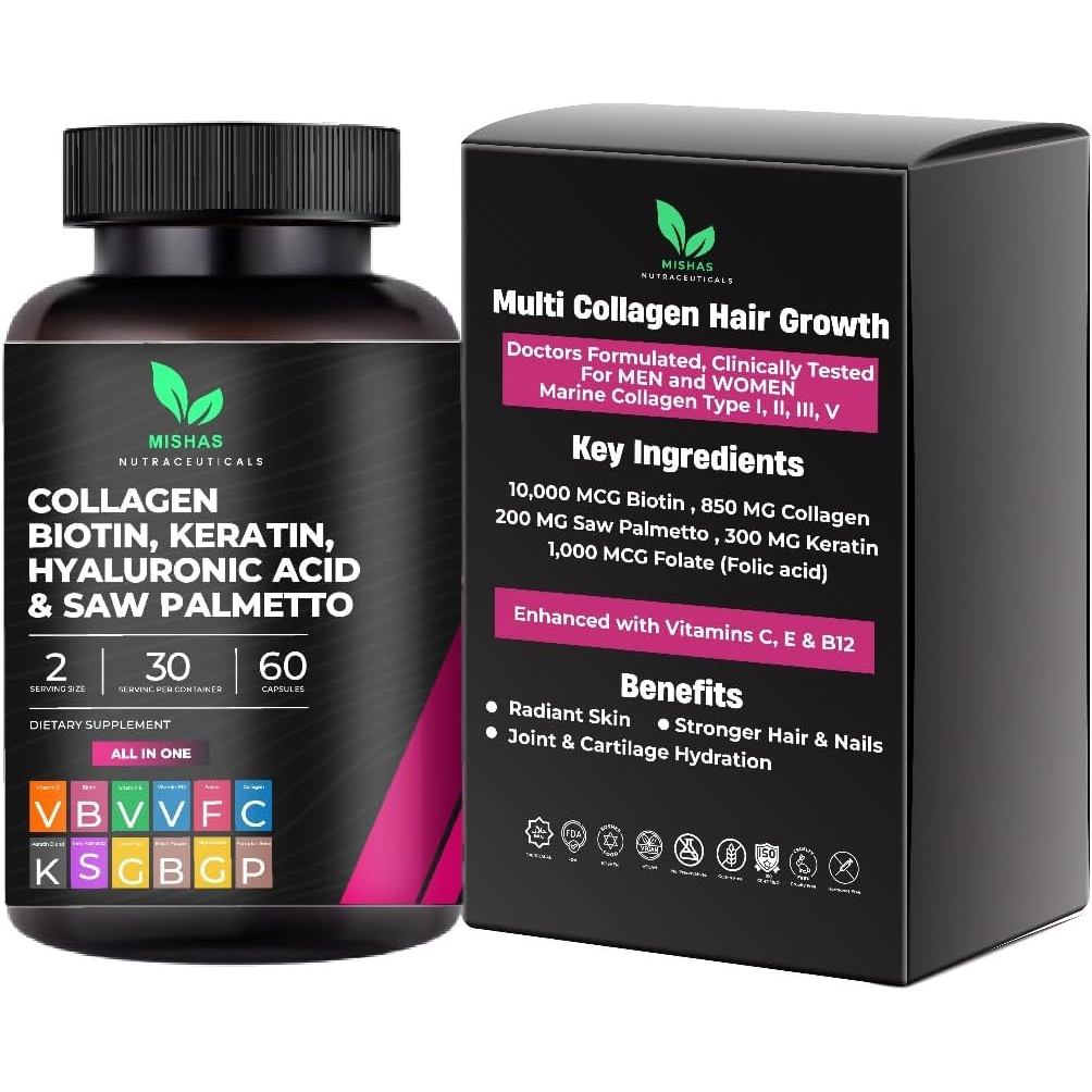 ยาผมหลายคอลลาเจน - ไบโอติน 10,000mcg, Keratin & Hyaluronic Acid - การเจริญเติบโตของเส้นผม - ผิวผมและ