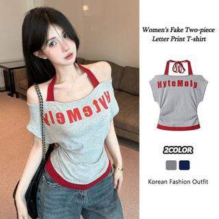 SmartCheckout Hot Girl Fake 2 Piece Off Shoulder Letter T-shirts Cold Shoulder Halter Neck Top 2744