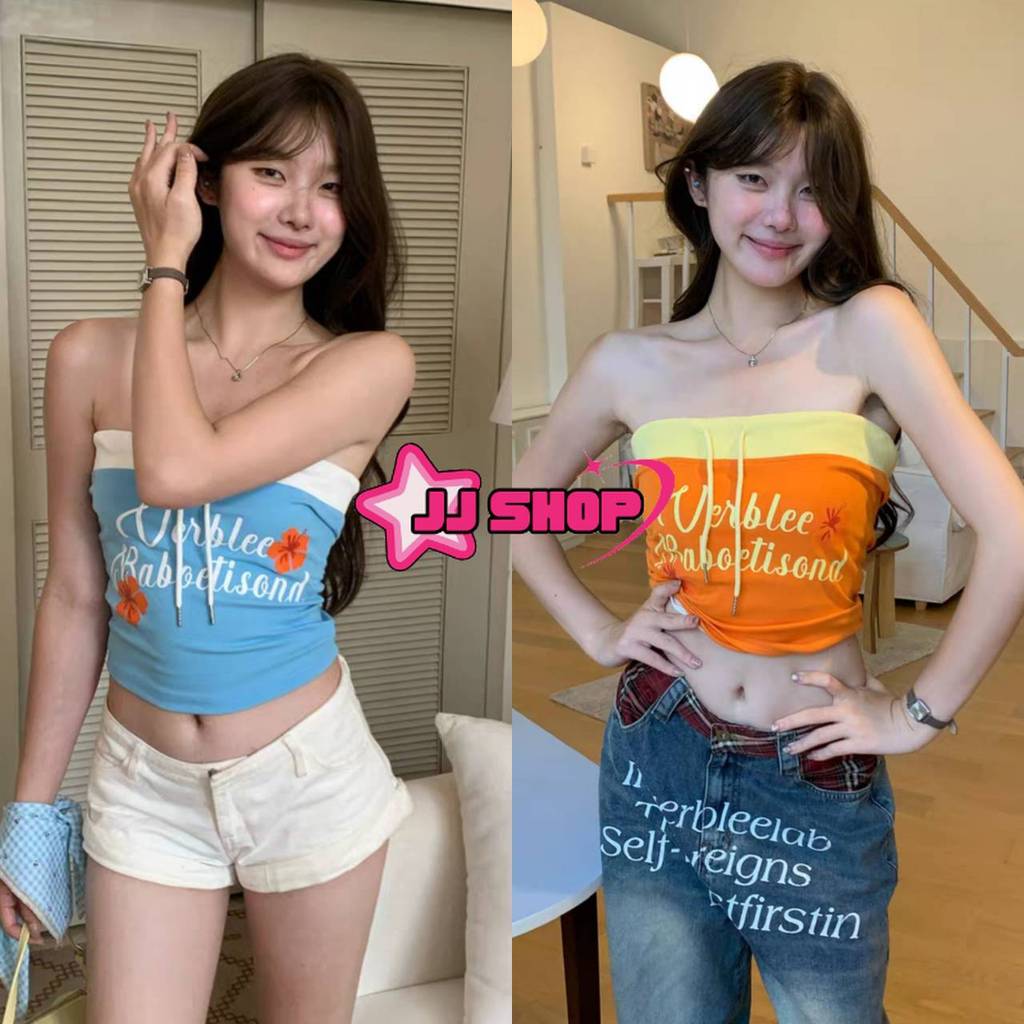 JJ Shop​💜พร้อมส่ง เสื้อเกาะอก สีสดใสใส่สบายมาก ลายดอกไม้ เสริมฟองน้ำทรงรัดรูป "FY3583"