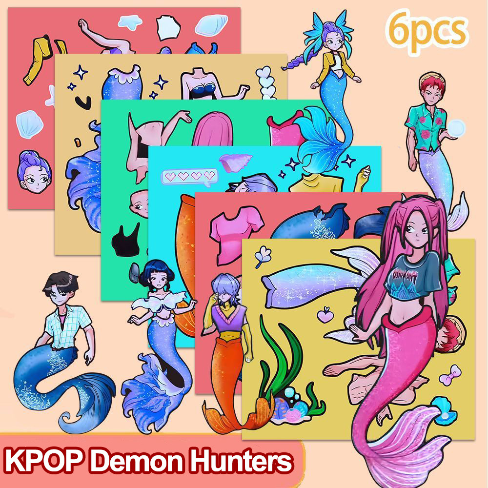 6PCS HUNTR/X Mermaid Dress Up สติกเกอร์สนุกเด็กทําด้วยมือ DIY ตัดฟรีคลิป Art
