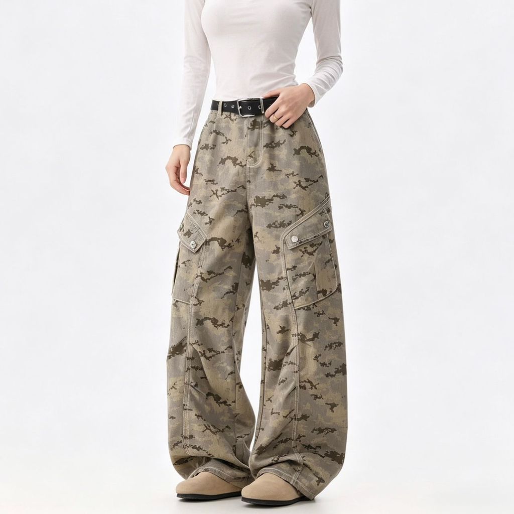 Retro Street Style Army Green Jeans High Street หลวมตรงกลางเอวล้างผ้าฝ้าย- D559