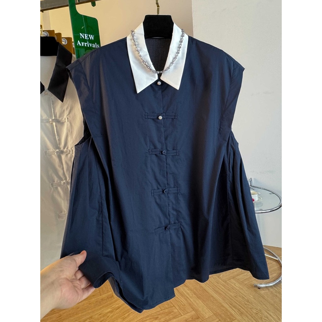 High-End วรรณกรรมอารมณ์ Contrast สีเสื้อหลวม Casual Baby เสื้อแขนกุดขนาดใหญ่ผู้หญิง 2024 ฤดูร้อนสไตล์ใหม่