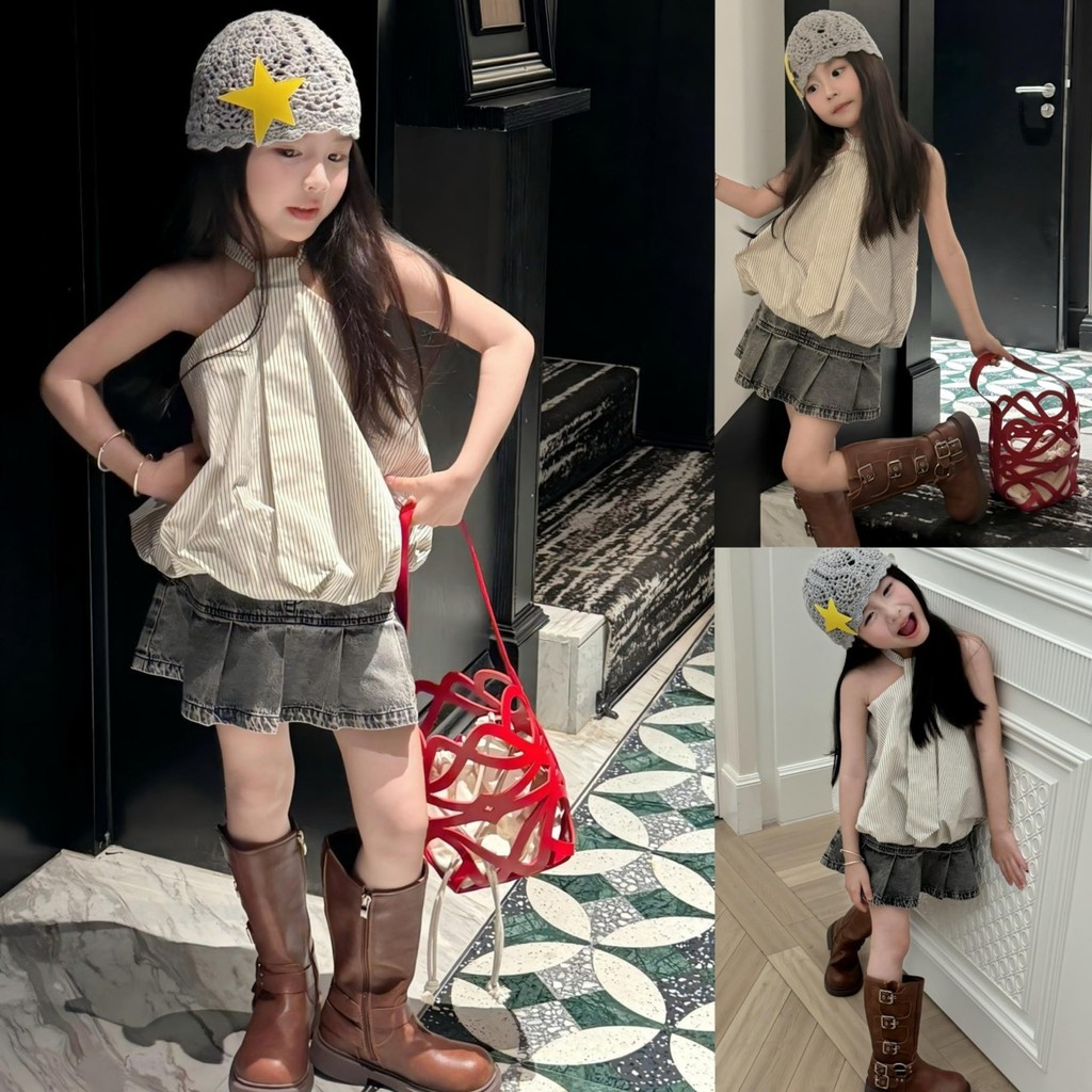 PRETTY BABY เสื้อเด็ก เสื้อแขนกุด ทรงบอลลูน กระโปรงยีนส์เด็ก กระโปรงสั้น มีซับกางเกง(2295)