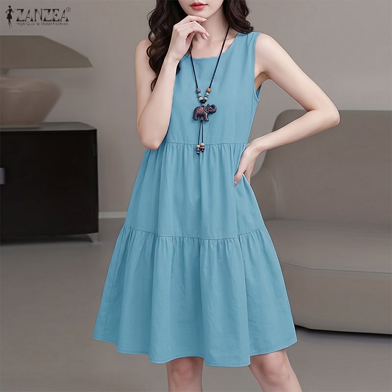 ZANZEA ผู้หญิงฤดูร้อนเกาหลีวันหยุดสบายๆลูกเรือคอแขนกุด Ruffles Splicing A-Line Tank Dresses — صورة 5