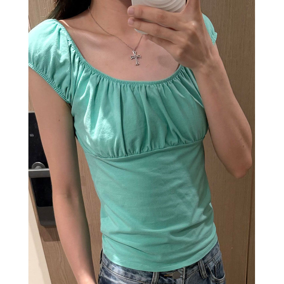 ฤดูร้อนใหม่สไตล์พัฟแขนแขนสั้นเสื้อยืดผู้หญิง บาง-พอดี ผอมลง ดูสั้น สูงสุด