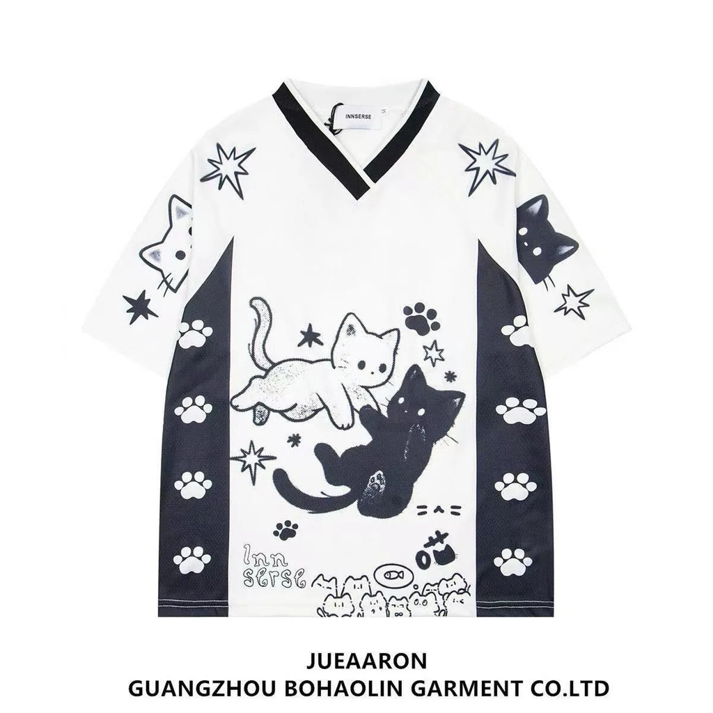 น่ารักสุดๆ!FX American Jersey Retro การ์ตูนแมวพิมพ์แขนสั้นผู้ชายผู้หญิงหลวม V คอเย็บ Lazy Stitch Eye