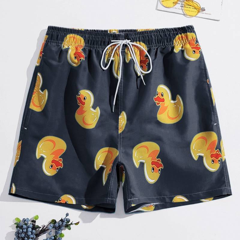 Cartoon Little Yellow Duck Printed Men's Beach Pants Summer Quick-Drying Loose Fifth Pants Leisure V