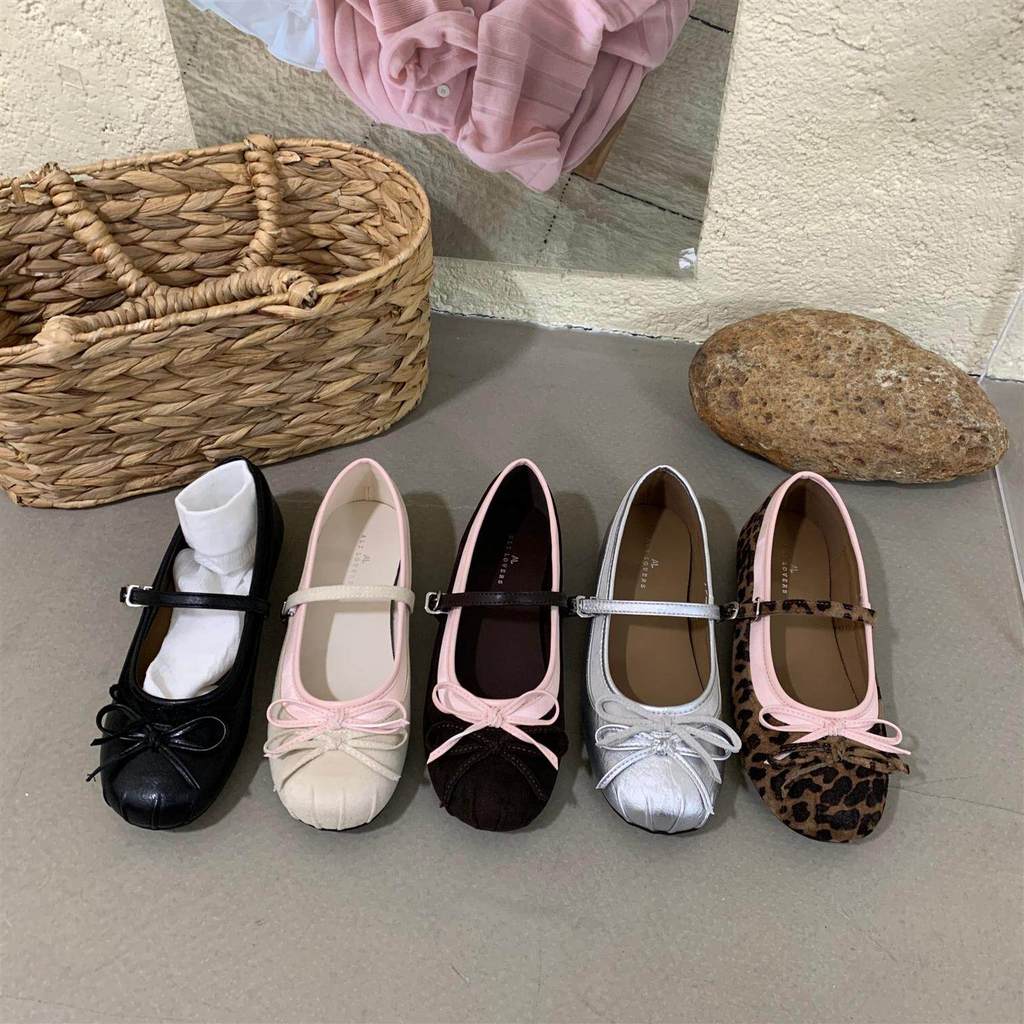 TT Bow Mary Jane Shoes Flat Sole Shoes Flat Buckle Strap Leopard Print Ballet Shoes Stitching