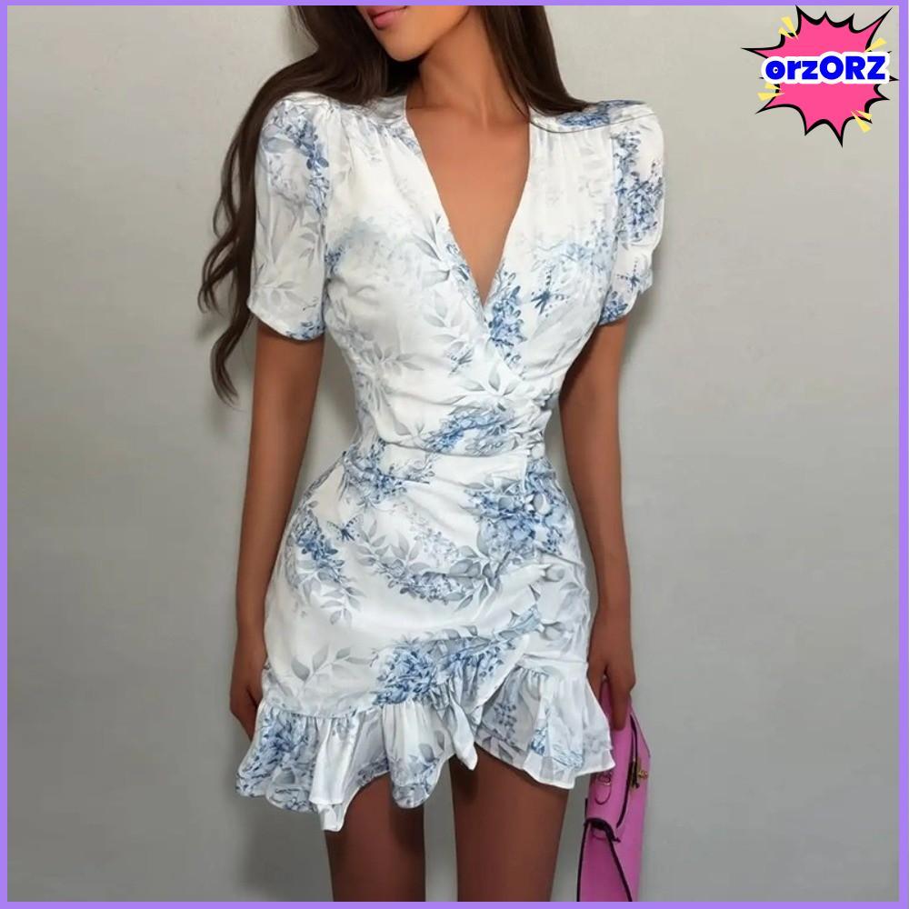 ORZORZ Ruffles Dress, พัฟแขนไม่สมมาตร Cascading Ruffles Mini Dress, Elegant จีบเอว-Dinning Holiday พ