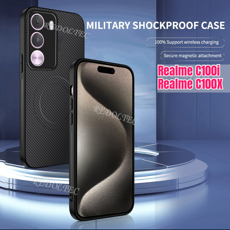 Realme C100i C100X 4G หนังกันกระแทกคาร์บอนไฟเบอร์รูปแบบปลอกแม่เหล็กRealme C100Xชาร์จไร้สายกลับฝาครอบโทรศัพท์