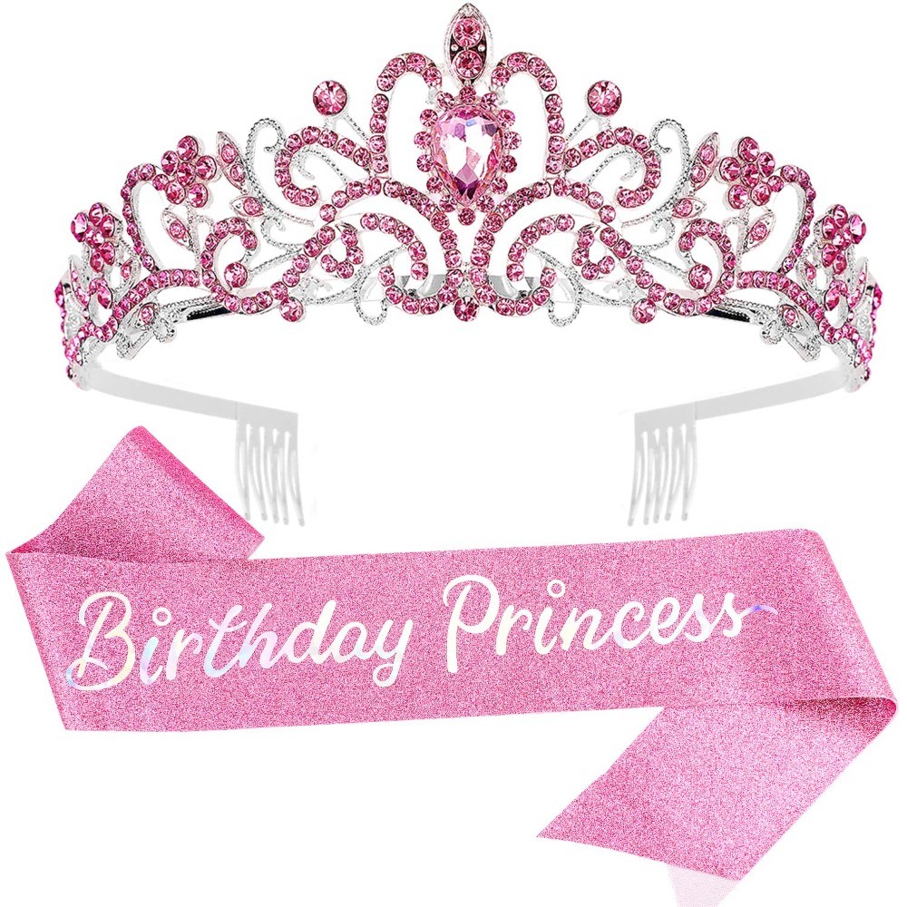 Happy Birthay ชุดแถบคาดศีรษะ Sach วันเกิดเจ้าหญิงมงกุฎ Rhinestone สีชมพูสําหรับผู้หญิงอุปกรณ์ตกแต่งปาร์ตี้